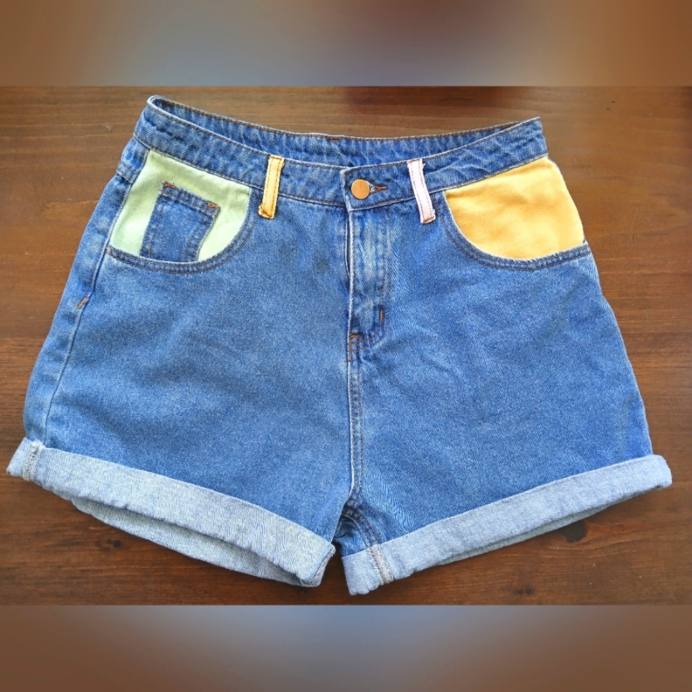 Princess Polly Briella Denim Patchwork Colorblock 90s High Waist Shorts